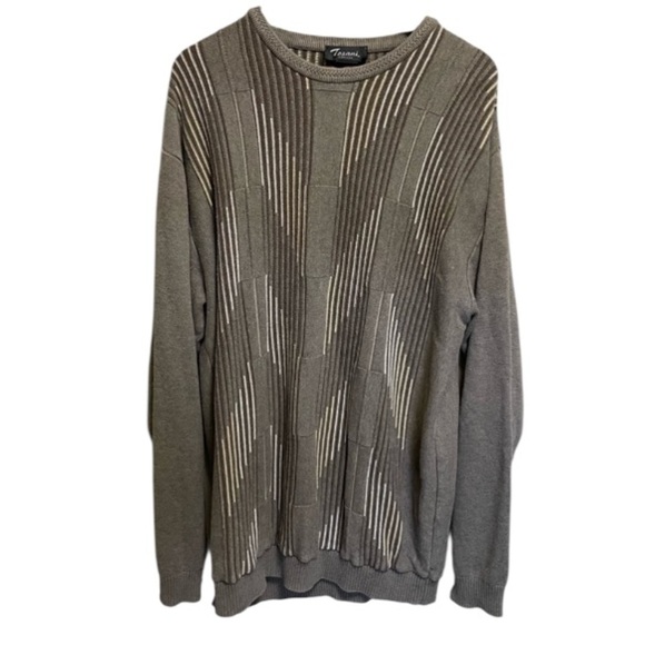 Tosani Canada Vintage 90s Tan Geometric Striped Crewneck Grandpa Sweater Mens XL - Picture 1 of 7